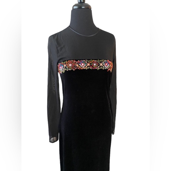 Vintage Donna Morgan black bejeweled beaded velvet sheer sleeve dress size 6 - Picture 2 of 13